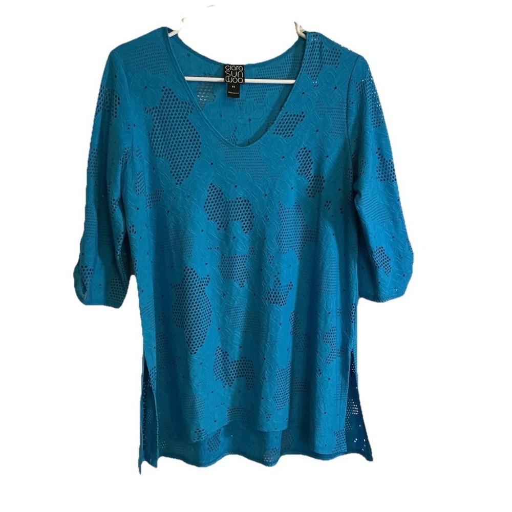 Clara Sun Woo Eyelet Floral Tunic Top Fun Beach Swim Coverup Turquoise - Size XS
